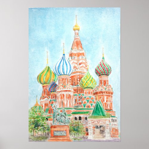 Moscow Saint Basils Cathedral watercolor  Poster