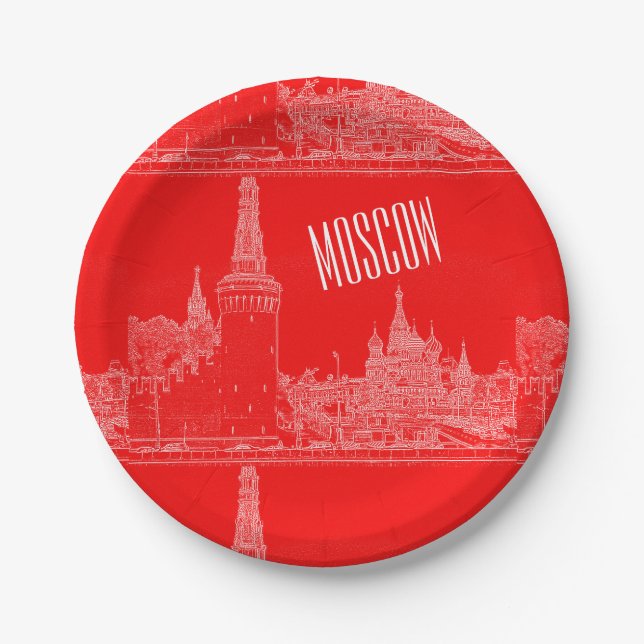 Moscow St Basil's Cathedral Red Square Sketch Paper Plates (Front)