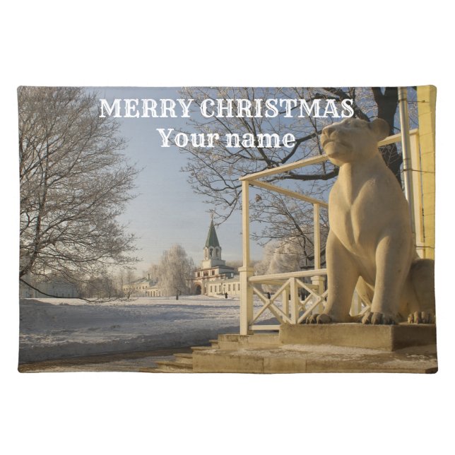 Moscow. Winter. lion sculpture Cloth Placemat (Front)