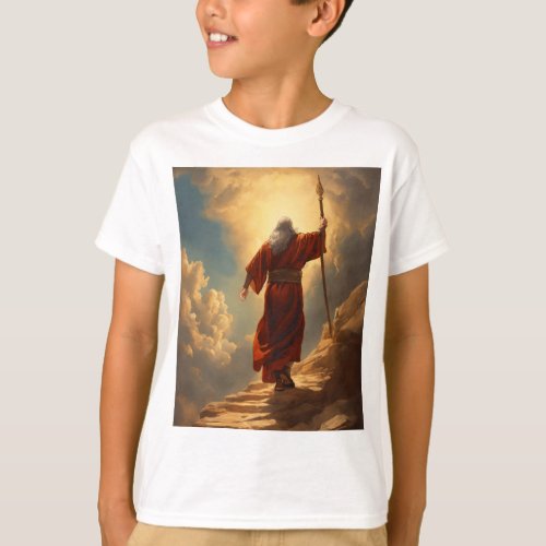 Moses Ascending Mount Sinai Embracing Divine Rev T_Shirt