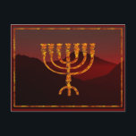 Moshe's Menorah Postcard<br><div class="desc">In the Torah Moshe Rabbenu is told, "You shall make a Menorah of pure gold, beaten out, shall the Menorah be made, its base, its branch, its goblets, its knobs, and its flowers shall be hammered from it, " [Shmot 25:31] and later, "See, and construct, according to their form that...</div>