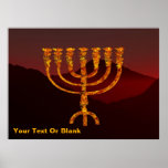Moshe's Menorah Poster<br><div class="desc">A depiction of the seven-branched menorah (candelabra) made by the Israelites after the Exodus from Egypt. Add your own text. In the Torah Moshe Rabbenu is told, "You shall make a Menorah of pure gold, beaten out, shall the Menorah be made, its base, its branch, its goblets, its knobs, and...</div>
