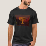 Moshe's Menorah T-Shirt<br><div class="desc">In the Torah Moshe Rabbenu is told, "You shall make a Menorah of pure gold, beaten out, shall the Menorah be made, its base, its branch, its goblets, its knobs, and its flowers shall be hammered from it, " [Shmot 25:31] and later, "See, and construct, according to their form that...</div>