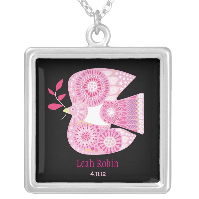 MOSIAC DOVE Baby Naming Keepsake Memory Silver Plated Necklace (Front)