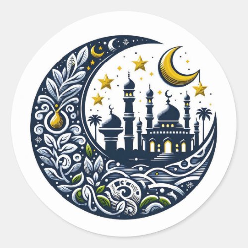 Mosque and Ornate Moon Classic Round Sticker