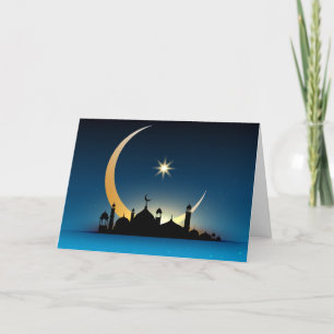 Mosque Crescent Moon Ramadan, turquoise, black Holiday Card