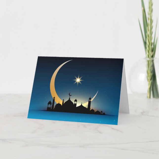 Mosque Crescent Moon Ramadan, turquoise, black Holiday Card (Front)