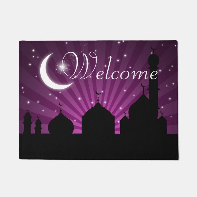 Mosque Silhouette Purple Night Welcome Door Mat (Front)