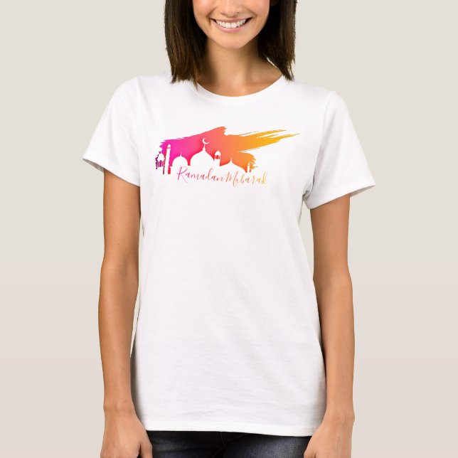 Mosque with Colorful Sky Ramadan Mubarak T-Shirt (Front)
