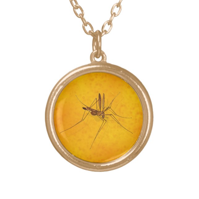 Mosquito in Amber Sap Fossil Replica Prehistoric Gold Plated Necklace (Front)