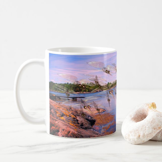 Mosquito swarm, scandinavia fjord, coffee mug (With Donut)
