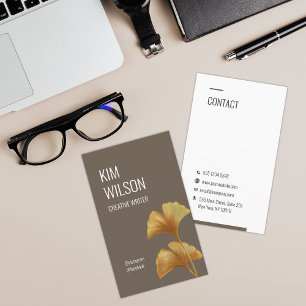 Moss Brown Modern Minimalist Golden Ginkgo Business Card