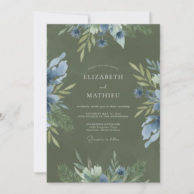 Moss Cornflower Leafy Wedding Invitation (Front)