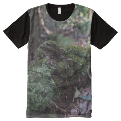 Moss covered fallen tree in a forest panel t-shirt