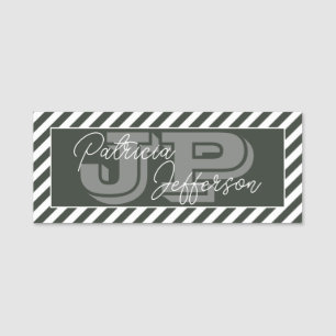 Moss Dark Green White Stripes Monogram Name Tag