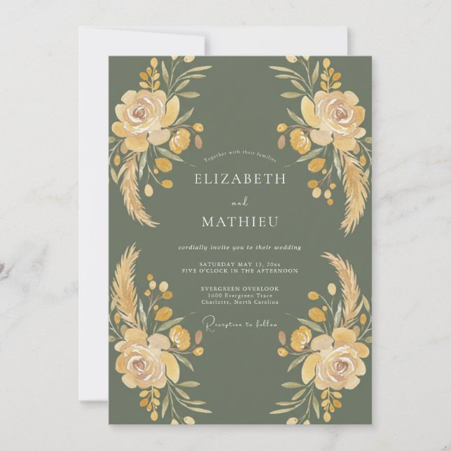 Moss Gold Botanical Watercolor Wedding Invitation (Front)
