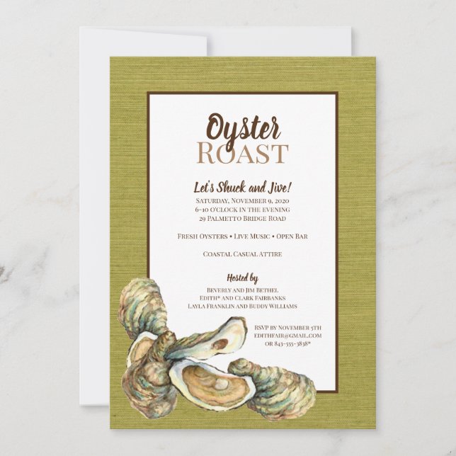 Moss Grasscloth Oyster Roast Invitation (Front)