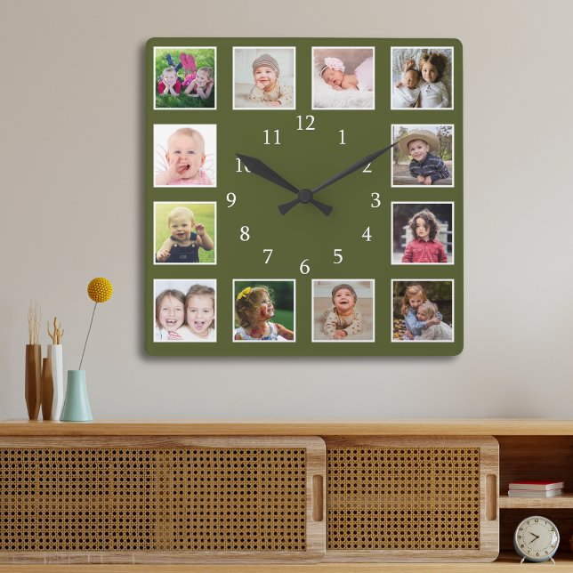 Moss Green 12 Photo Collage Personalized Square Wall Clock (Creator Uploaded)