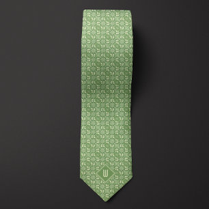 Moss Green and Cream Floral Monogram Neck Tie