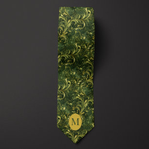 Moss Green and Gold Botanical Neck Tie