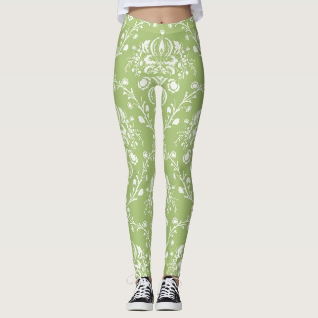 Moss Green and White Damask Leggings (Front)