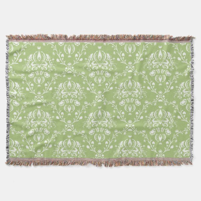 Moss Green and White Damask Throw Blanket (Front)