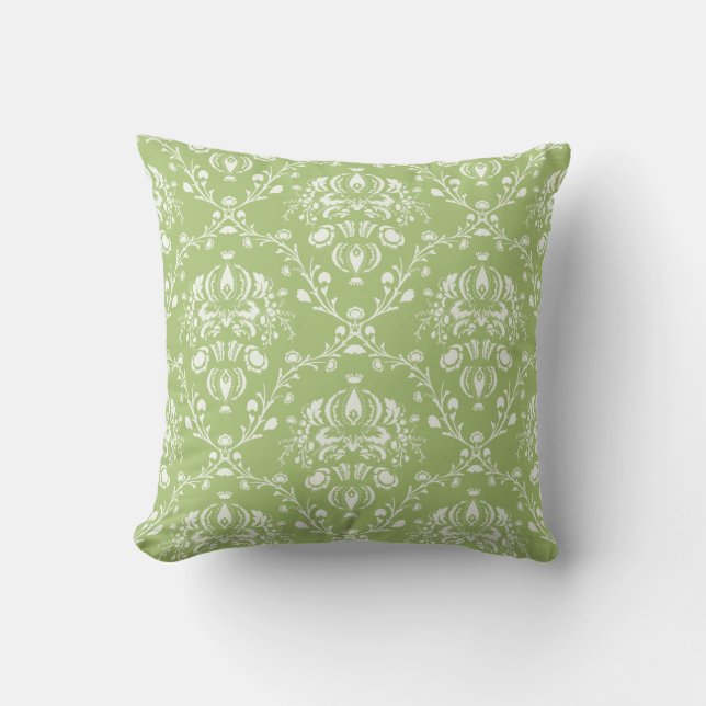 Moss Green and White Damask Throw Pillow (Front)