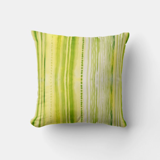 Moss-Green and yellow lines watercolor pattern Throw Pillow (Front)