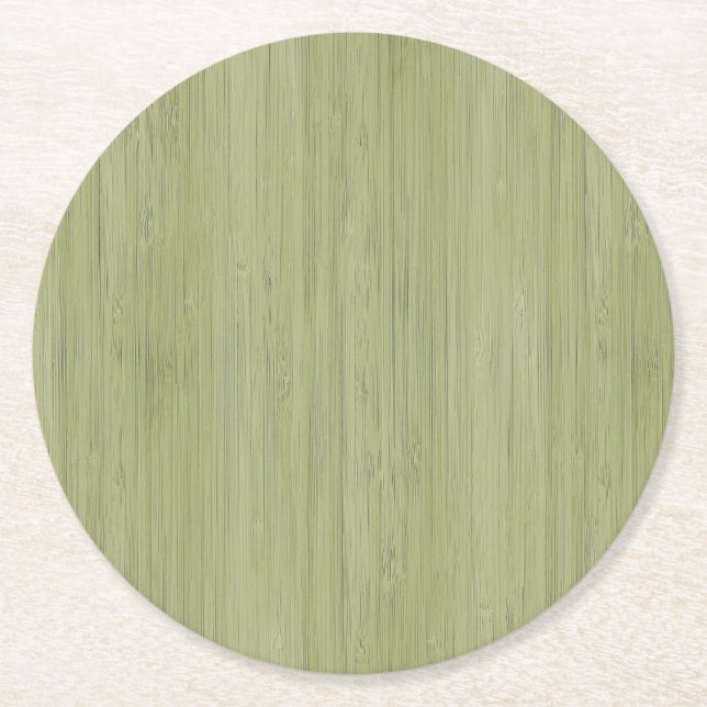 Moss Green Bamboo Wood Grain Look Round Paper Coaster (Front)