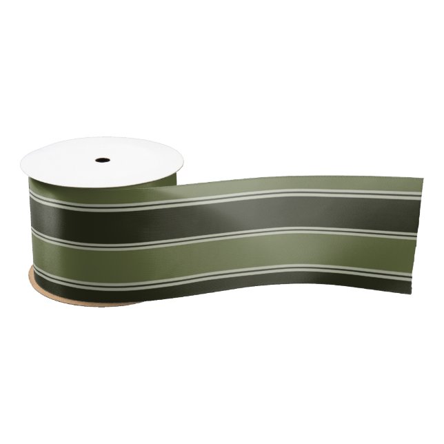 Moss Green Black Horizontal Lines Stripe Geometric Satin Ribbon (Spool)