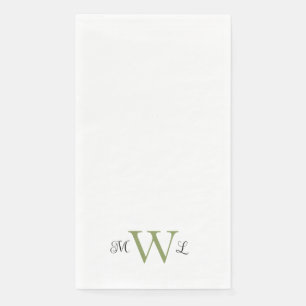 Moss Green & Black Monogram White Elegant Wedding Paper Guest Towels