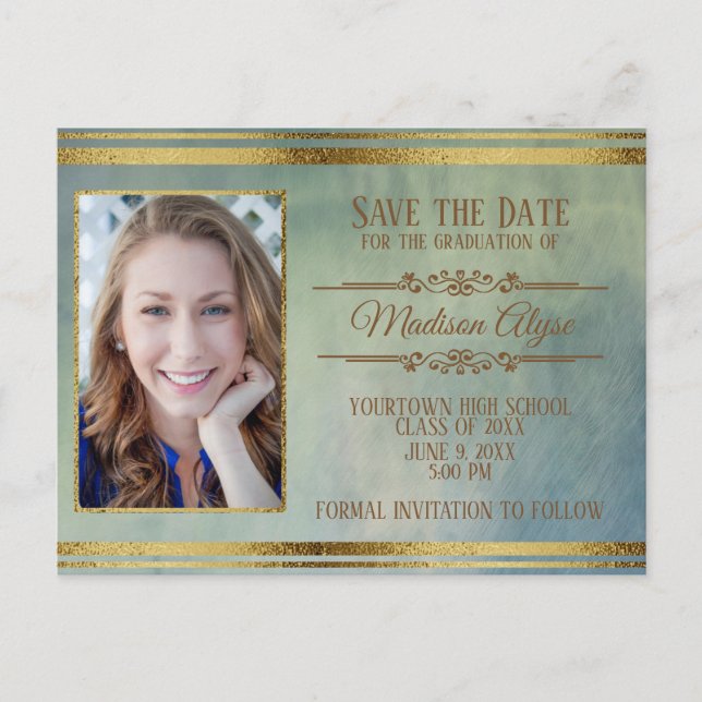 Moss Green, Blue Grunge and Gold Photo Graduation Postcard (Front)