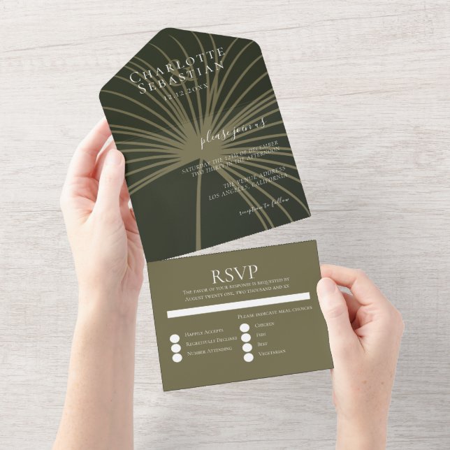 Moss Green Botanical Fan Elegant Wedding All In One Invitation (Tearaway)