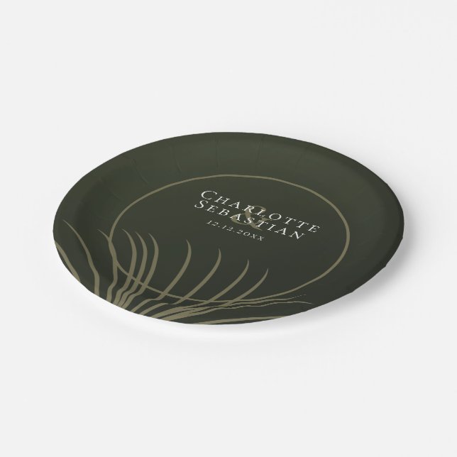 Moss Green Botanical Fan Elegant Wedding Paper Plates (Angled)