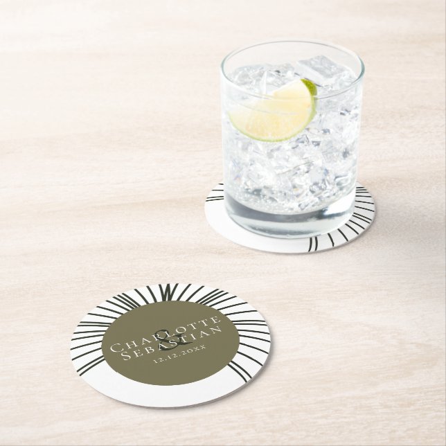 Moss Green Botanical Fan Elegant Wedding Round Paper Coaster (Insitu)