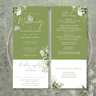 Moss Green Botanical Greenery All In One Wedding Invitation