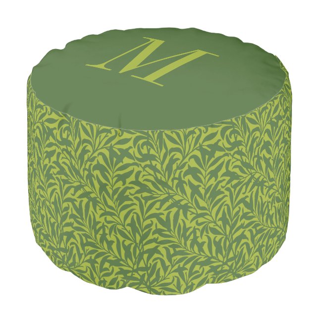 Moss Green Botanical Print Monogram Pouf (Angled Front)