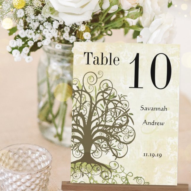 Moss Green & Brown Tree Swirl Table Number (Creator Uploaded)