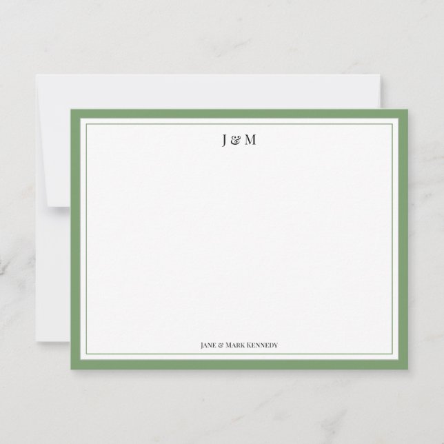 Moss Green Classic Custom Couple Monogram  Note Card (Front)