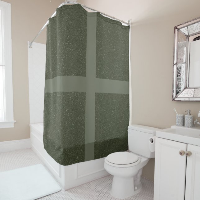 Moss Green Cross Pattern Shower Curtain (In Situ)