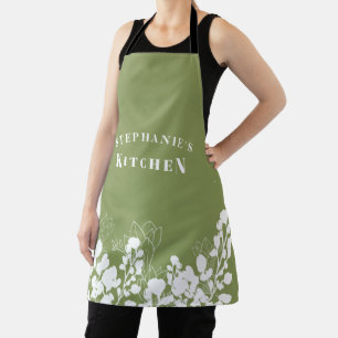 Moss Green Custom Name White Floral Apron
