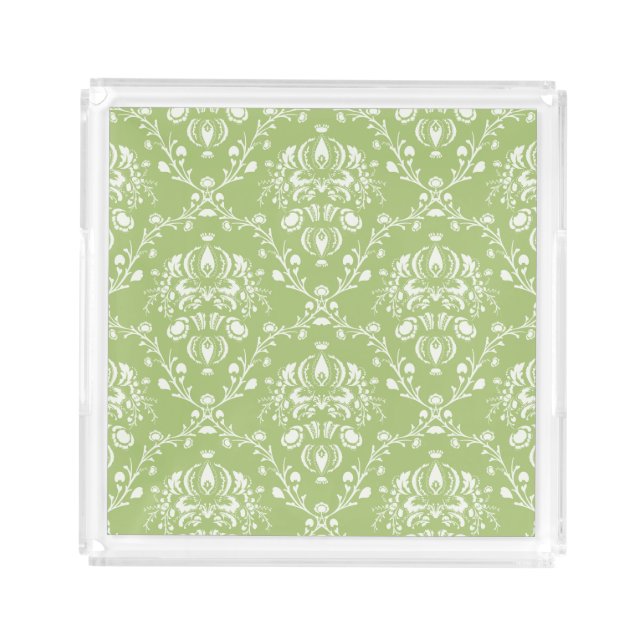 Moss Green Damask Acrylic Tray (Front)