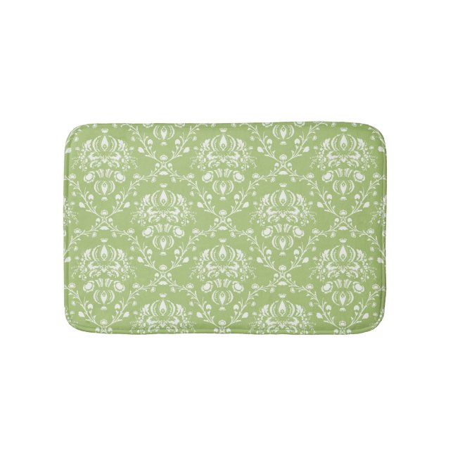 Moss Green Damask Bath Mat (Front)
