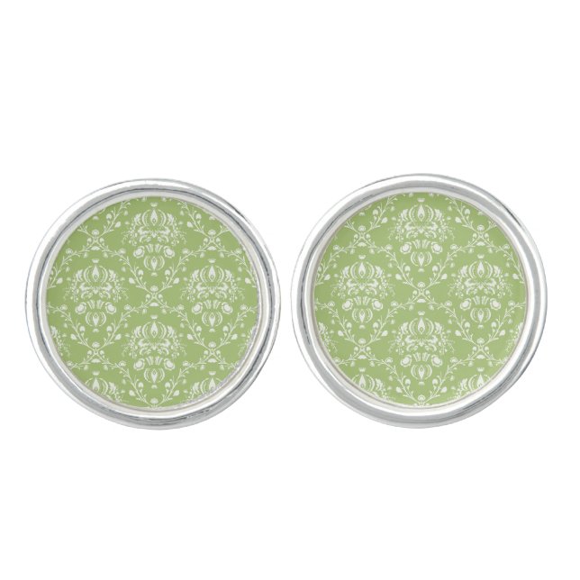 Moss Green Damask Cufflinks (Front)