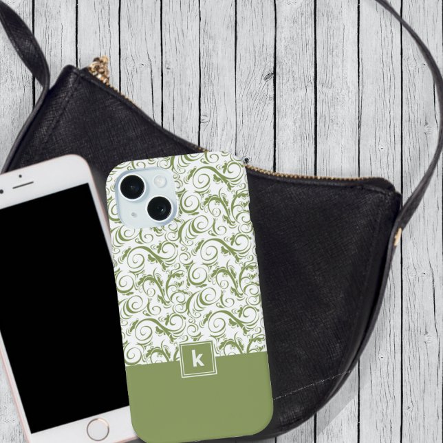 Moss Green Damask Pattern Monogram  Iphone Case (Creator Uploaded)