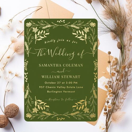 Moss Green Elegant Boho Modern Typography Wedding Foil Invitation
