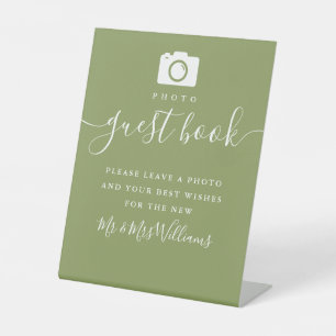 Moss Green Elegant Modern Script Photo Guest Book Pedestal Sign