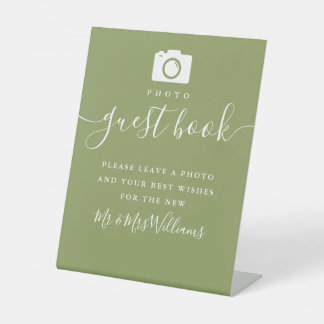 Moss Green Elegant Modern Script Photo Guest Book Pedestal Sign