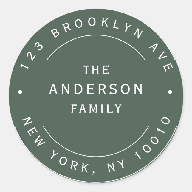 Moss Green Family Name Round Return Address Label (Front)