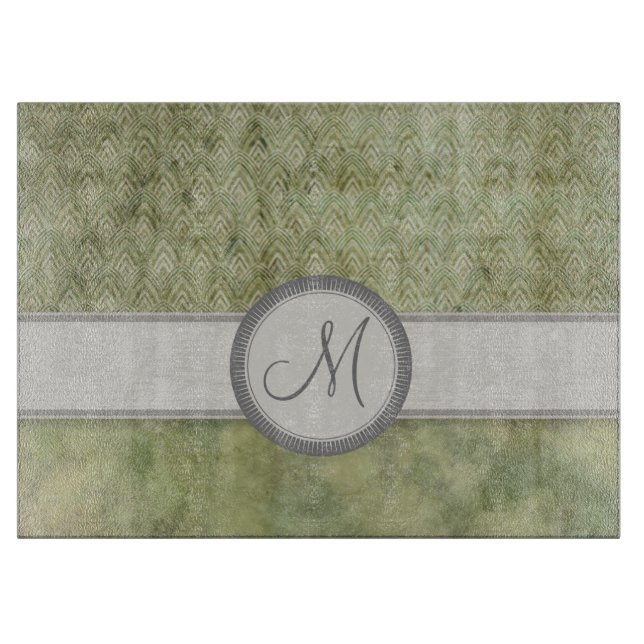 Moss Green Feather Pattern with Grey Monogram Cutting Board (Front)